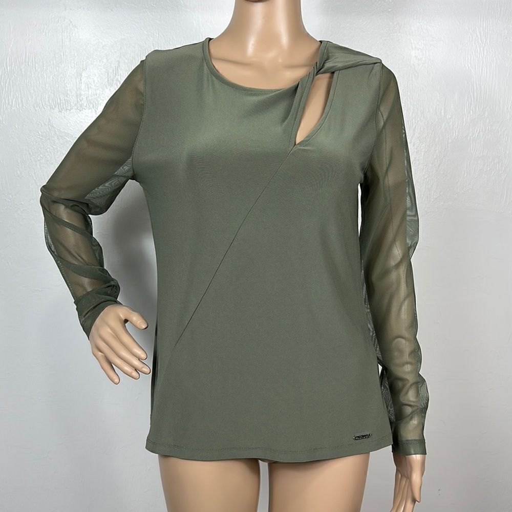 DKNY Light Fatigue Color Mesh Long Sleeves Keyhole Top Size M